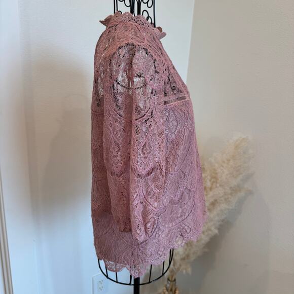 BB Dakota Mock Neck Pink Lace Sheer Romantic Blouse XS - Picture 4 of 7